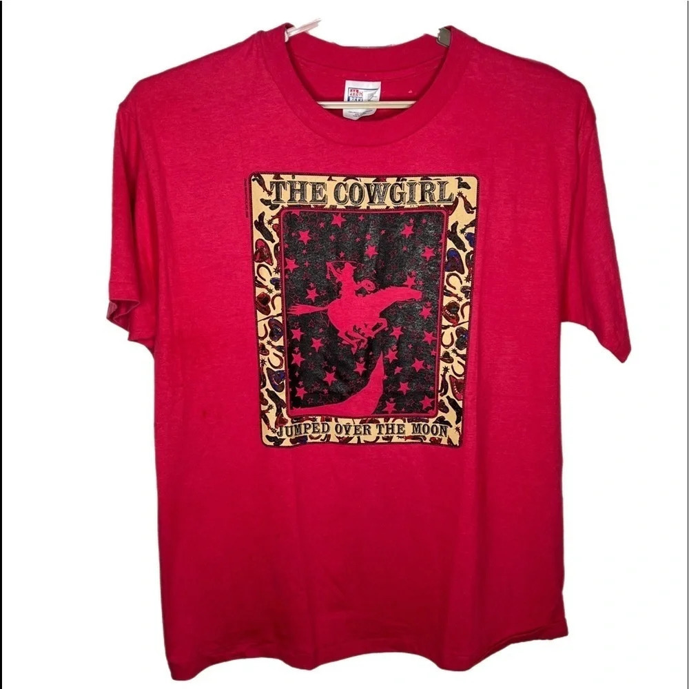 Hanes Adult Tee Shirt.  Size Large 42-44. “The cowgirl jumped over the moon”